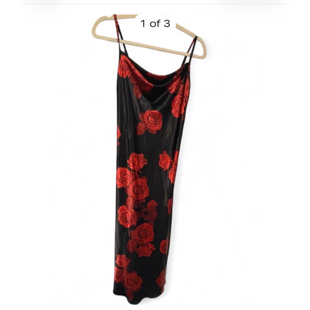 Vintage Bebe Red Rose Floral Satin Slip Dress – Cowl Neck Midi / Maxi (XS)